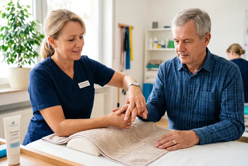 Eine Therapeutin mobilisiert behutsam die Hand eines Patienten am Behandlungstisch