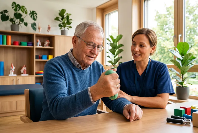 Älterer Patient trainiert mit Therapieknete die Kraft seiner Hand, eine Therapeutin ermutigt ihn